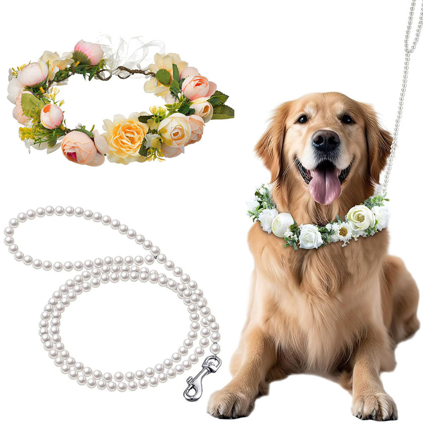 Dog Wedding Flower Collar and Pearl Leash Set Adjustable