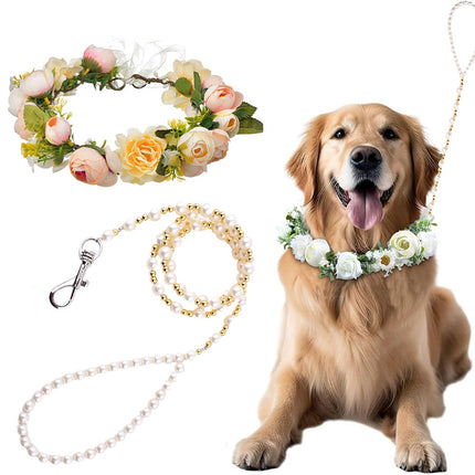 Dog Wedding Flower Collar and Pearl Leash Set Adjustable