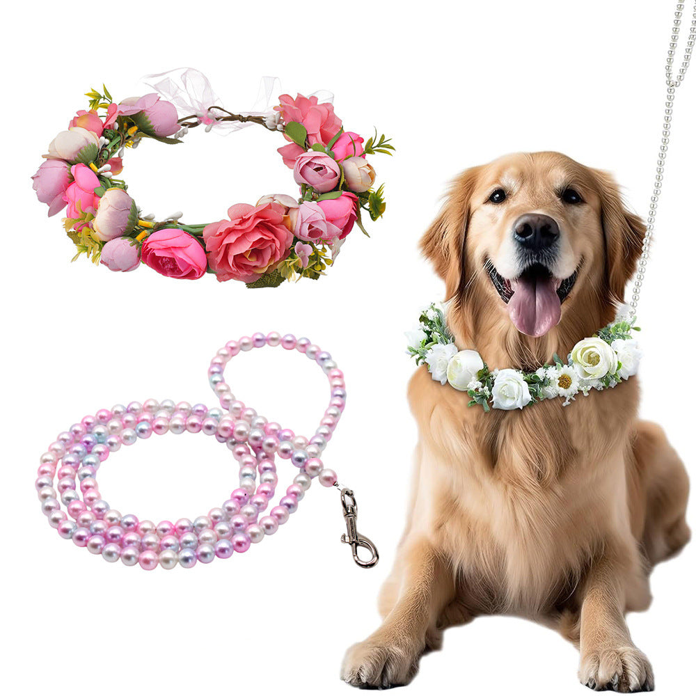 Dog Wedding Flower Collar and Pearl Leash Set Adjustable