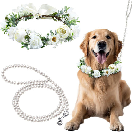Dog Wedding Flower Collar and Pearl Leash Set Adjustable