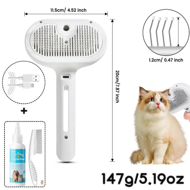 3 in 1 Pet Steam Brush Spray Hair Removal Comb Grooming Rechargeable