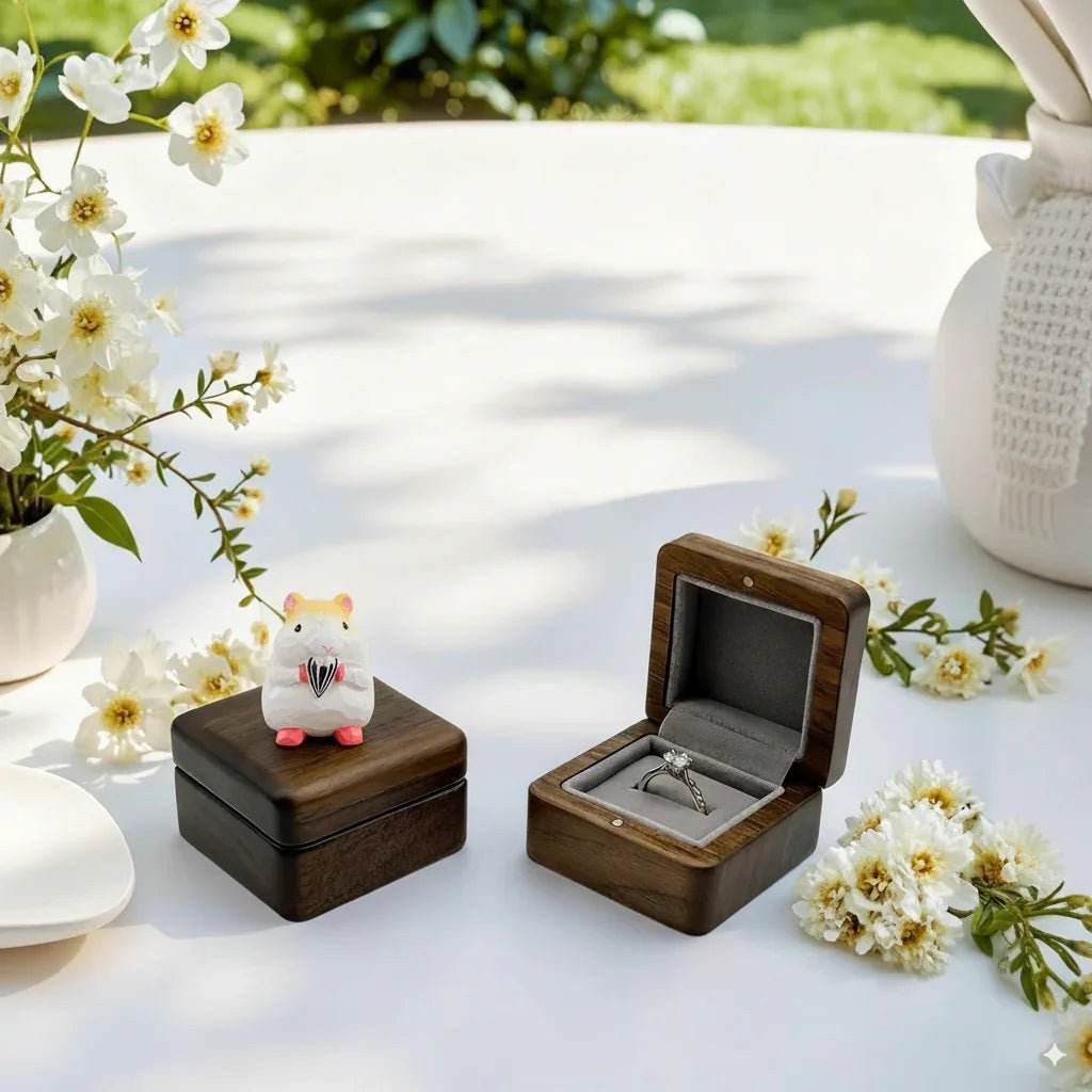 Wooden Hamster Wedding Engagement Ring Box Holder